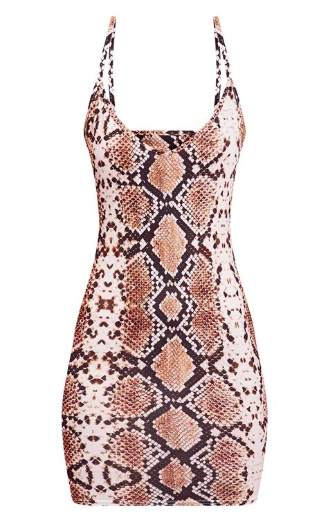 Snake Print Strappy Plunge Bodycon Dress Prettylittlething Aus