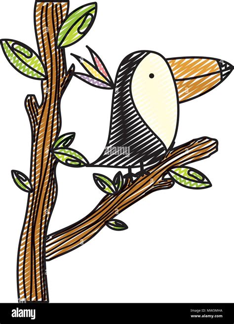 Doodle Adorable Toucan Animal In The Tree Branch Leaves Stock Vector