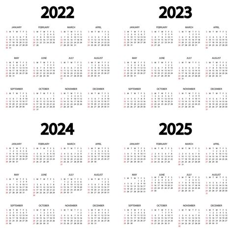 Calendário 2022 2023 2024 2025 Ano A Semana Começa No Domingo Modelo De