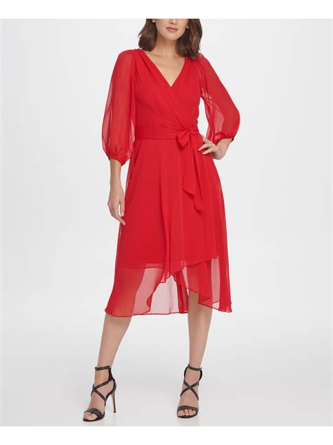 Dkny Womens Red Pouf V Neck Midi Fit Flare Party Dress Plus Size 14