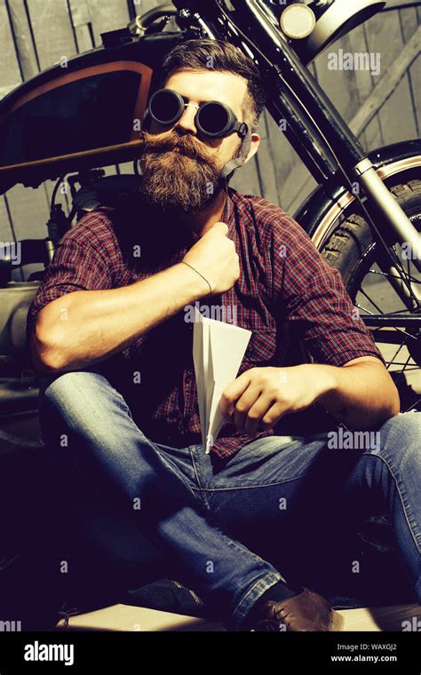 Bearded Man Hipster Biker Brutal Male With Beard And Moustache In Shirt