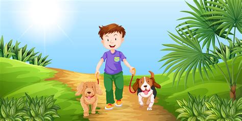 Niño Tomando Perros Para Caminar En El Parque 366385 Vector En Vecteezy