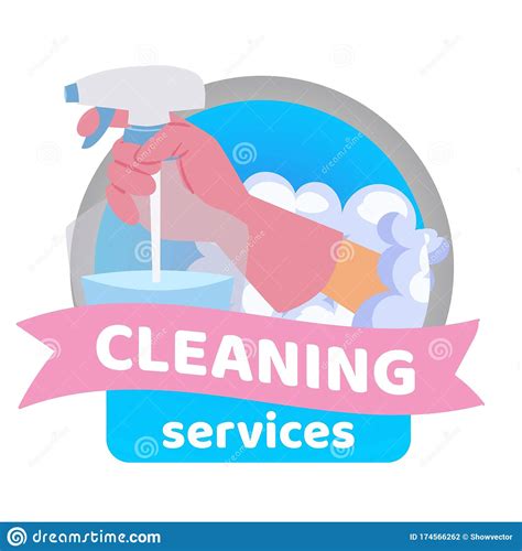 Cleaning Service Badge With Detergent Spray In Hand Cartoon Vector