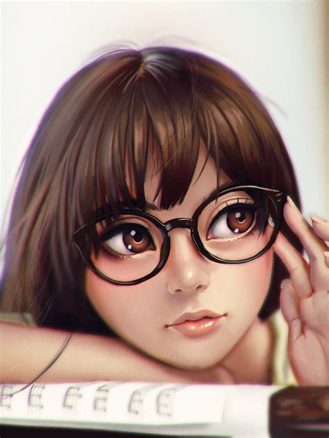 Photo Brown Haired Face Hair Girls Glasses Painting Art