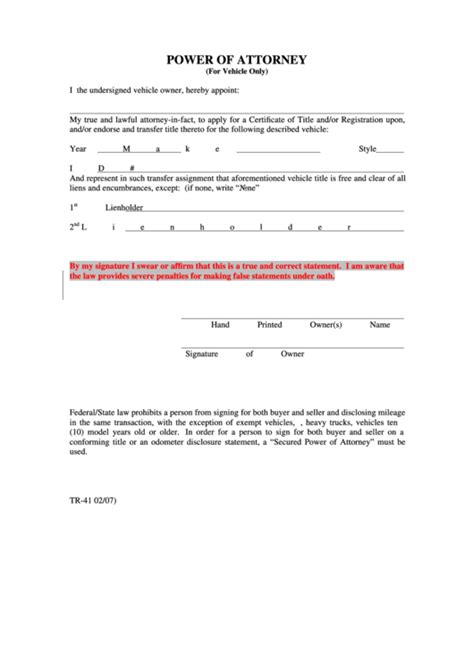 Fillable Power Of Attorney For Vehicles Only Printable Pdf Download