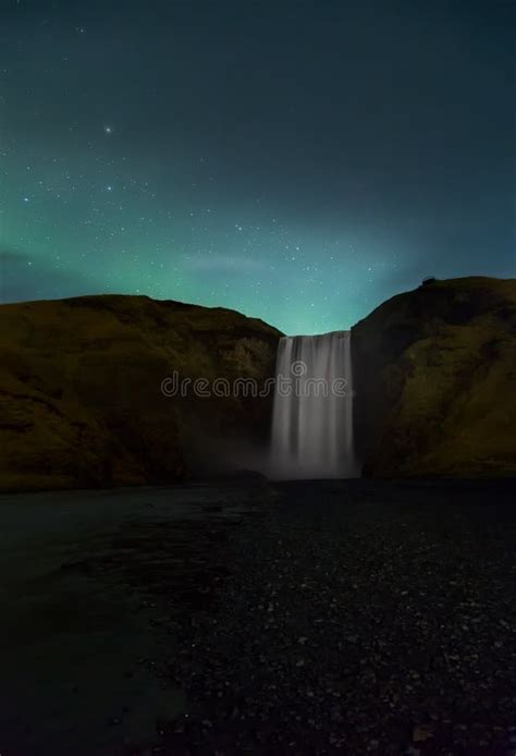 Faint Aurora Over Skogafoss In Iceland Stock Image Image Of Skogar