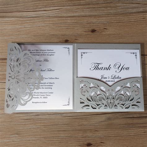 Silver Laser Cut Wedding Invitations With Thank You Cards Gray Pocket
