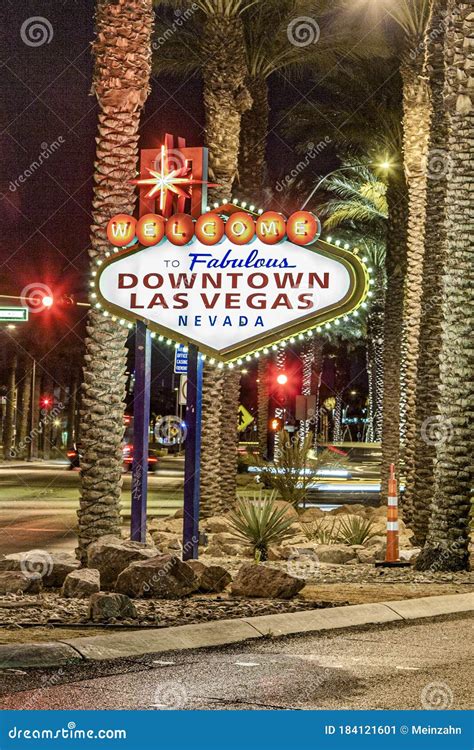 Welcome To Fabulous Downtown Las Vegas Sign By Night Editorial Photo