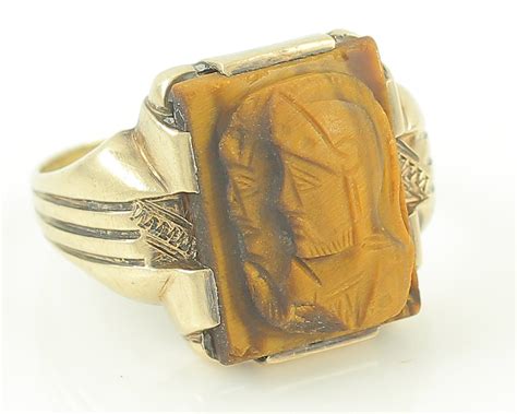 Vintage Tiger Eye Double Centurion Cameo Ring 10k Yellow Gold Mens