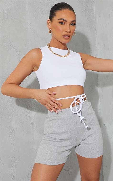 white rib cross over tie crop top tops prettylittlething ca