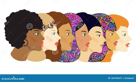 Women`s Faces Of Different Nationalities And Cultures Color Vector