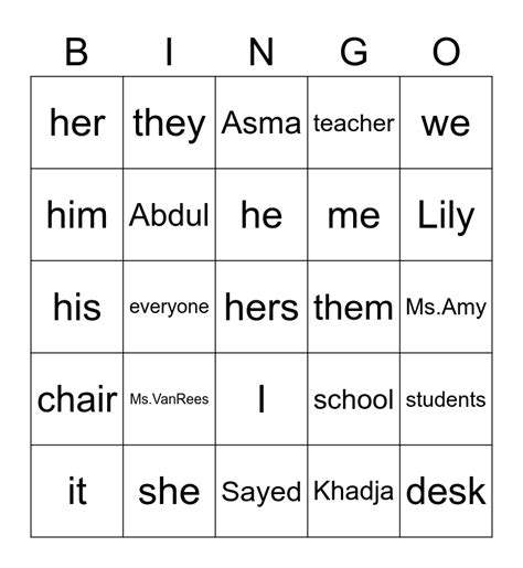 Nounpronoun Bingo Card
