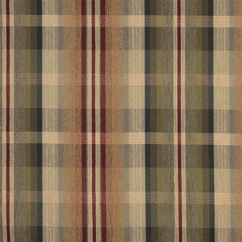Tan Beige And Burgundy Plaid Chenille Upholstery Fabric
