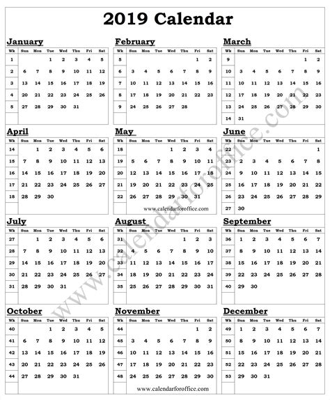 20 2019 Calendar With Week Numbers Printable Free Download Printable
