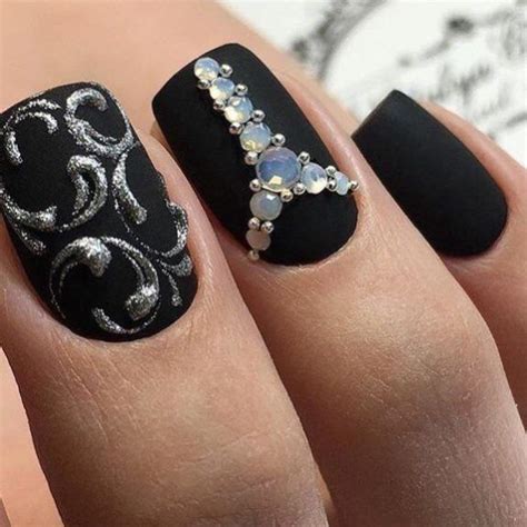 Black Matte Nails With Rhinestones Rhinestone Nails Nail Art Nails
