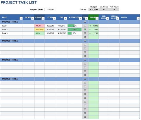 Project Task List Template Printable Samples