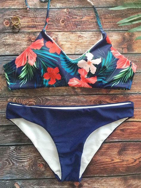 halter tropical foliage print bikini in purplish blue zaful 2024