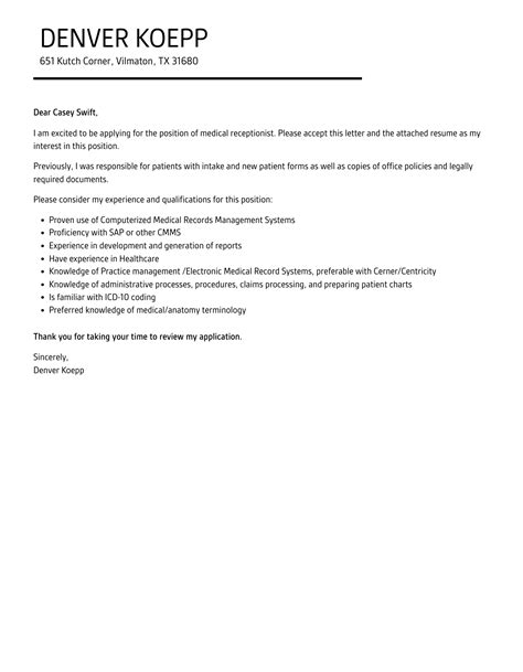 Medical Receptionist Cover Letter Velvet Jobs