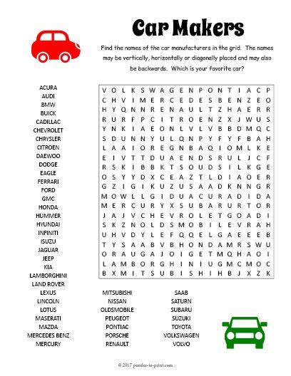 Free Printable Car Makers Word Search Word Find Word Puzzles