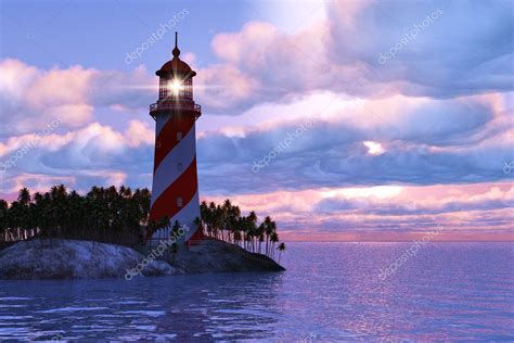 Dramatic Sunset With Lighthouse On Island In Sea — Stock Photo