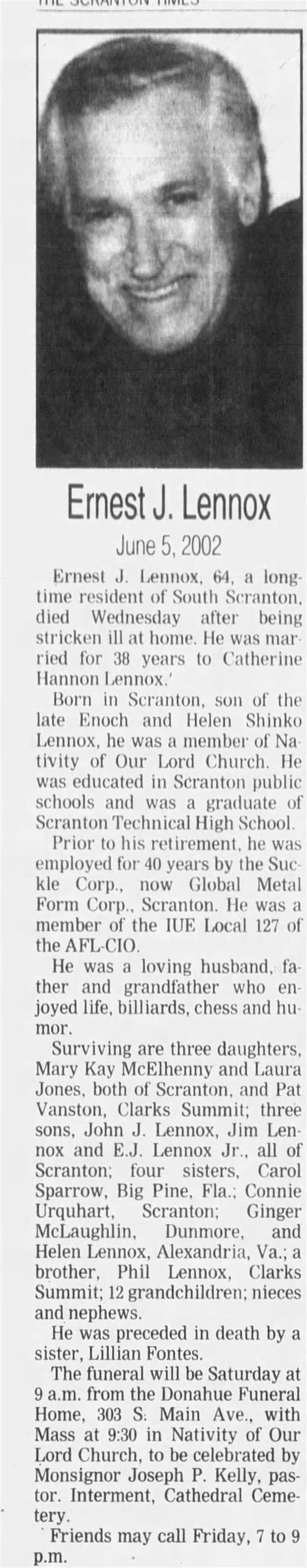 Obituary For Ernest J Lennox Aged 64