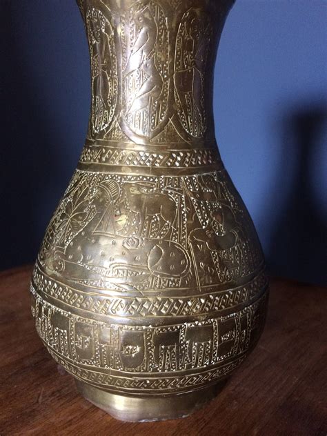 Mid East Brass Vase Rare Egyptian Hebraique Revival Hand Etched 19th C Hand Hammered Judaica