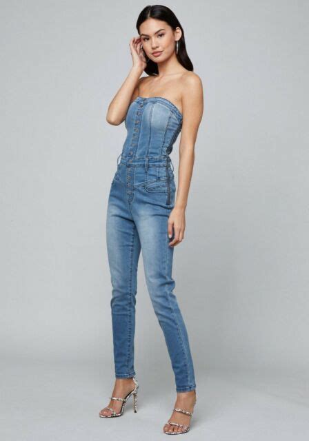 Bebe Jumpsuit Seamed Strapless Fitted Stretch Blue Denim Front Buttons