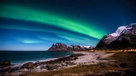 Norway Lofoten Islands Mountains Sea Shore Night Northern Lights