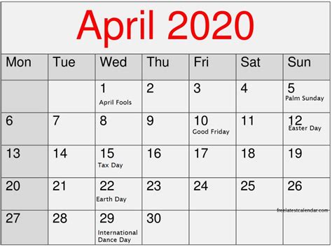 April 2020 Calendar With All American Holidays Monthly Calendar