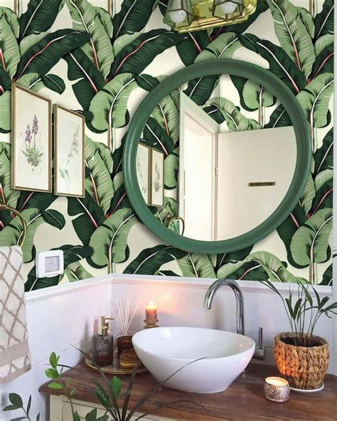 Download Bathroom Big Green Leafy Patterned Walls Wallpaper