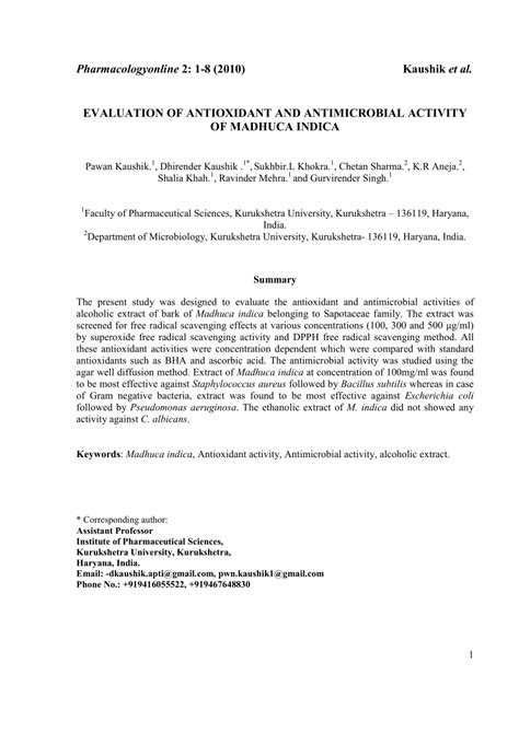Pdf Evaluation Of Antioxidant And Antimicrobial Activity Of Madhuca
