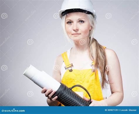 Young Builder Woman Construction Worker Blueprints Plan Stock Image