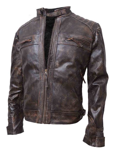 Mens Brown Quilted Distressed Biker Leather Jacket Hjackets