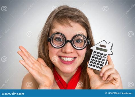 Funny Geek Or Nerd School Woman With Calculator Stock Photo Image Of