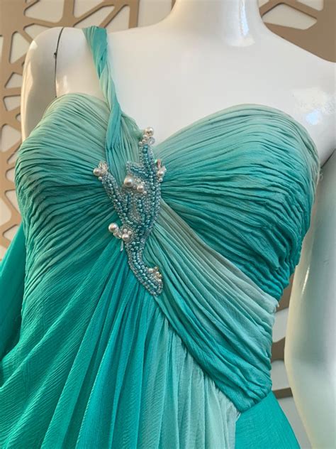 1990s Michael Casey Aquamarine Ombre Silk Goddess Gown W Ruched Beaded