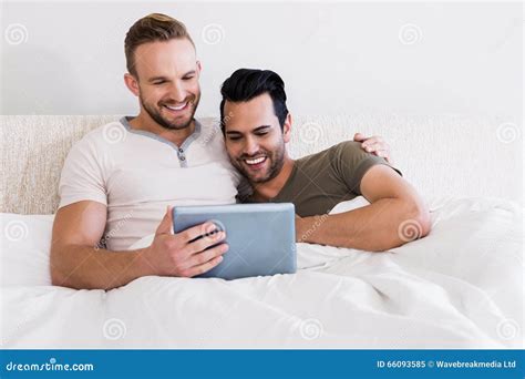 Happy Gay Couple Using Tablet Stock Image Image Of Happy Affection
