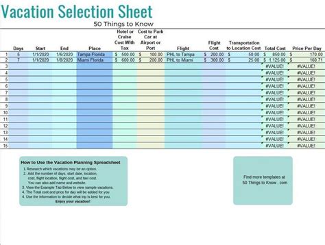Vacation Selection Spreadsheet Excel Tutorials Spreadsheet Vacation