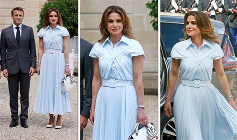 Queen Rania Of Jordan Royal Dons All Blue To Meet French President In