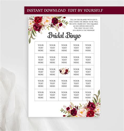 Editable Bridal Shower Bingo Template Printable Personalized Etsy