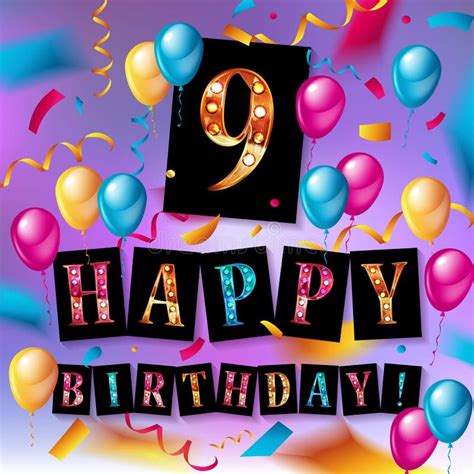 9th Birthday Celebration Greeting Card Design Stock Illustration