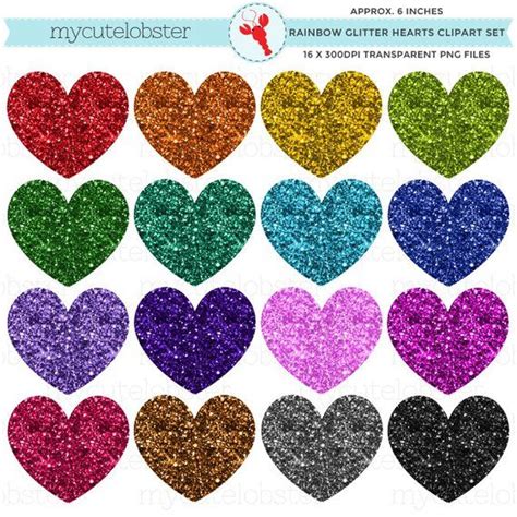 Glitter Hearts Clipart Set Clip Art Set Of Rainbow Hearts Etsy