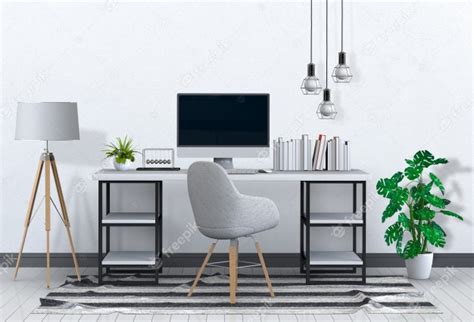 Premium Psd Modern Living Room Workspace With Desk And Desktop Computer