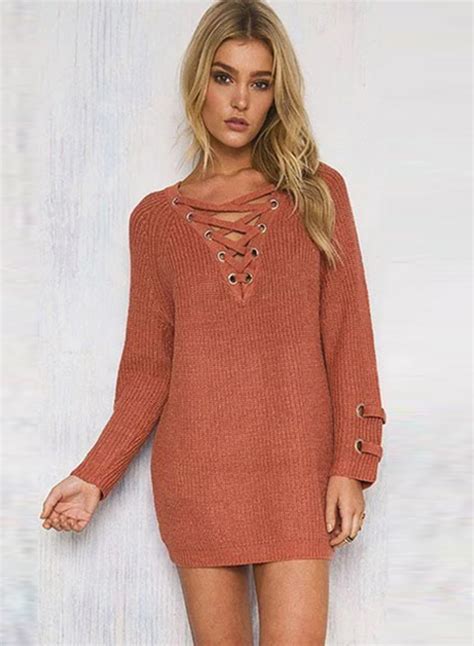 Womens Solid V Neck Lace Up Long Sleeve Pullover Sweater