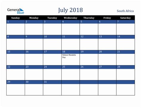 July 2018 South Africa Holiday Calendar