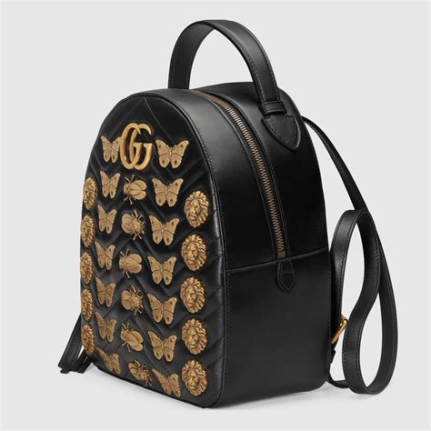 Gg Marmont Animal Studs Leather Backpack In Black Chevron Leather
