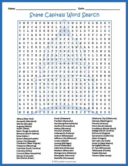 Fifty 50 Us State Capitals Word Search And Find Worksheet Activity