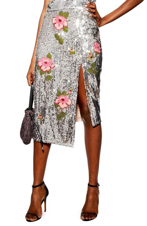 Topshop Flower Embellished Sequin Midi Skirt Nordstrom