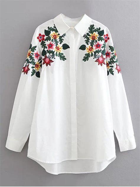 Floral Embroidered Cotton Collared Shirt White Blouses S Zaful