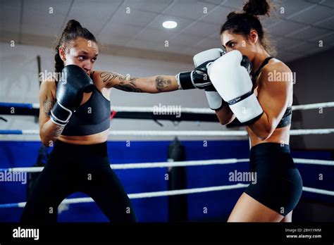 Female Boxers Sparring In The Ring Of A Boxing Club Stock Photo Alamy