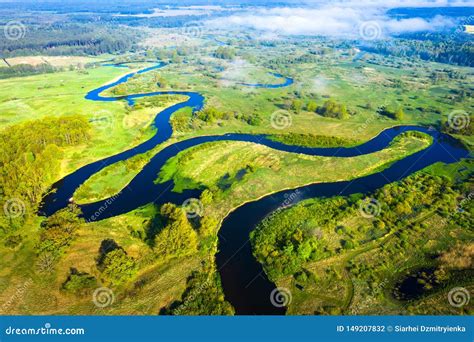 Aerial View On Summer River River Stream On Green Meadow Summer